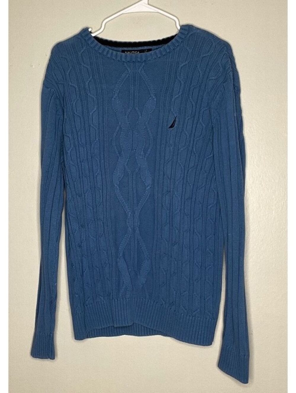 Nautica Men's Large Blue Cable Knit 100% Cotton Sweater